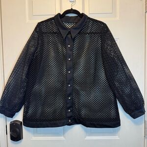 Black Mesh Rhinestone Button-Up Long Sleeve Blouse Shirt Sz 1X